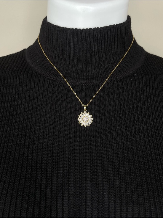 Jewelry - Gold Spinning Sunflower Crystal Pendant Necklace - Elegant Women's Jewelry